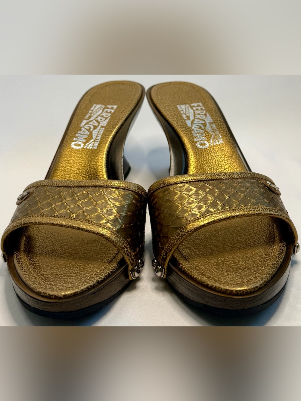 Salvatore Ferragamo Vintage metallic Bronze Leather Wedge Slide Mules w logo 8C - Picture 3 of 15